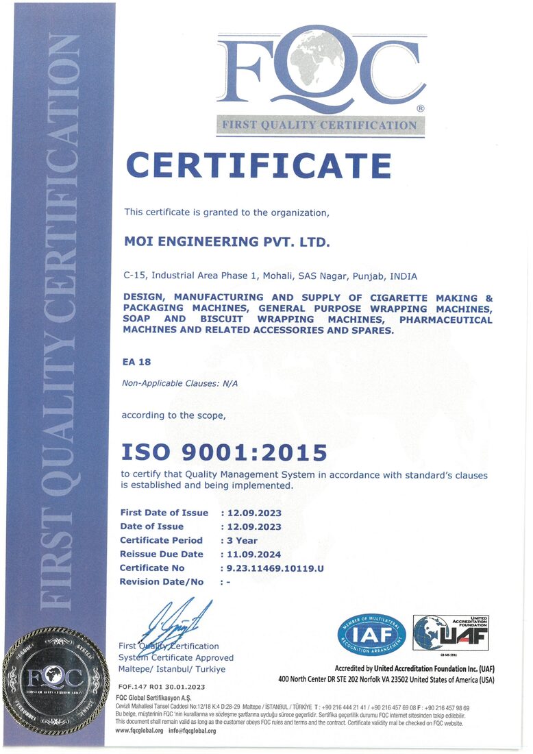 ISO 9001:2015 Quality Management System certificate issued to MOI Engineering Private Limited